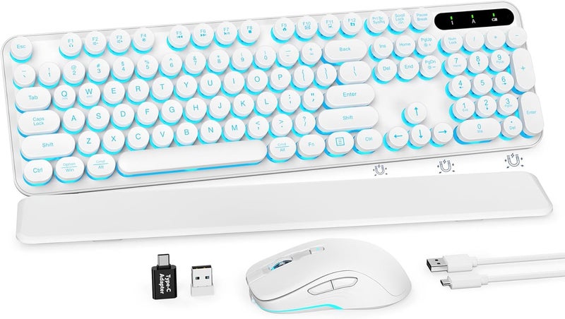 SABLUTE Wireless Keyboard and Mouse Combo, Backlit Round Keycaps, Retro Typewriter Keyboard with Detachable Wrist Rest, Rechargeable & Tilt Legs, 2.4GHz Cordless Connection for Windows/PC (Glowing White) - Image 1